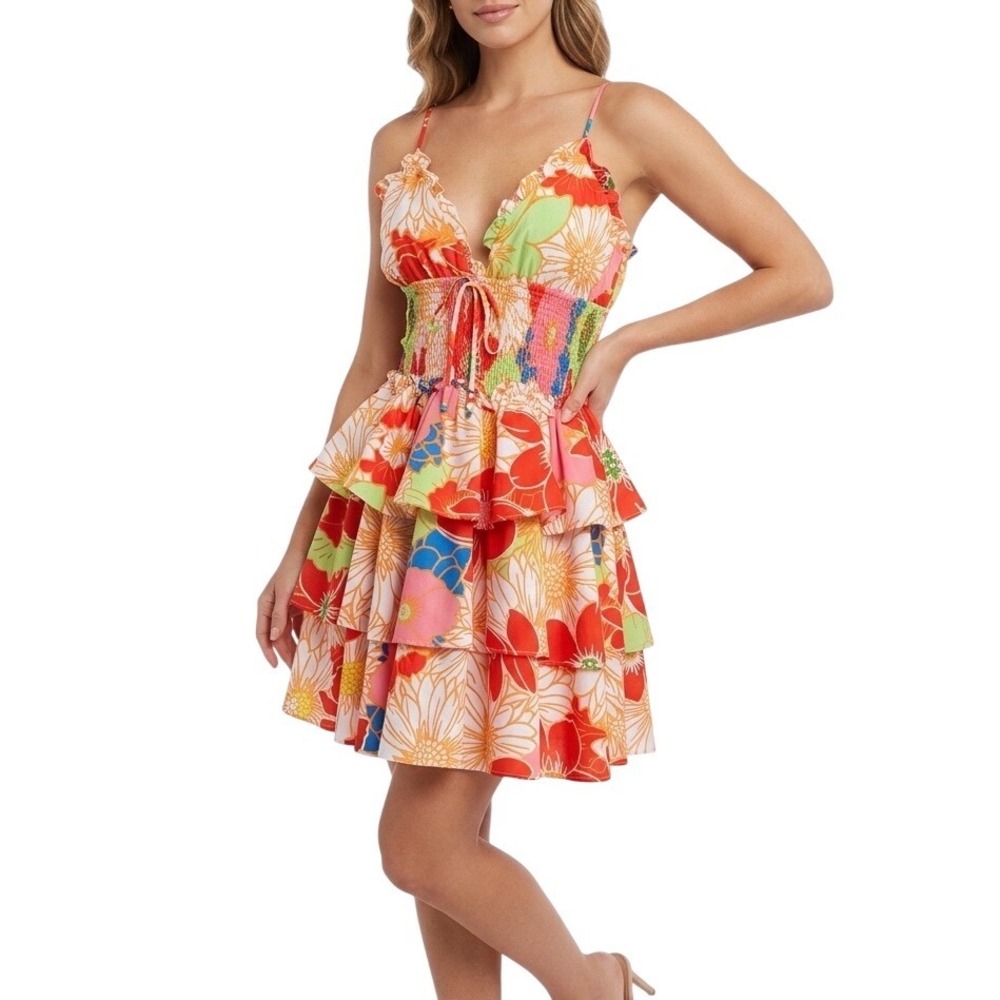NEW TCEC Floral Tiered Ruffle Mini Dress Womens Size M Smocked Babydoll Coquette
